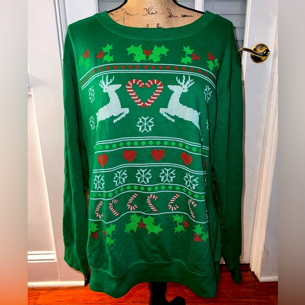 Green Holiday Sweater with Reindeer and Candy Cane Design